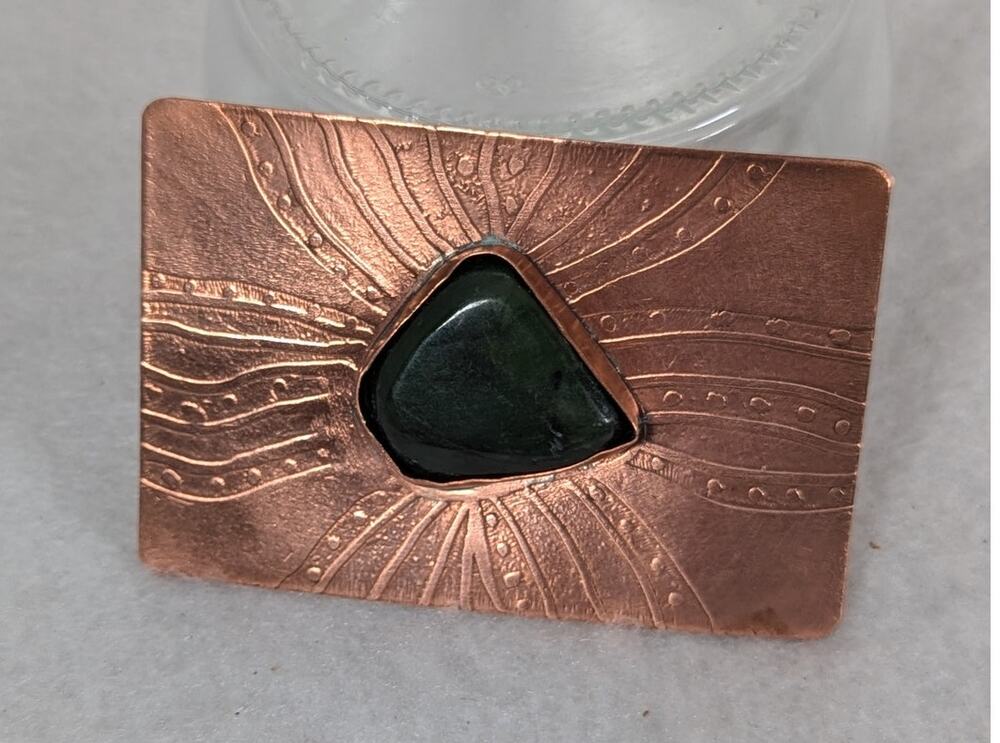 Vtge Hand etched Copper belt buckle with Jade 27/8"x 17/8" belt width 13/8"